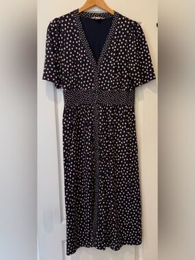 Boden Navy Midi Dress with Blush Pink Polka Dots